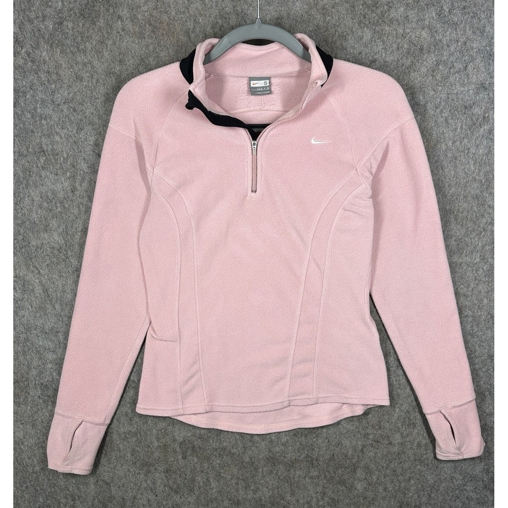 Nike Womens Pink Fleece 1/4 Zip Pullover Small Running Thumbholes 245658-627 Y2K